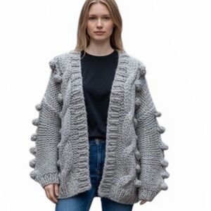 HUMMINGBIRD Gray Open Sweater Pom Pom Chunky Knit Cardigan One Size Oversized